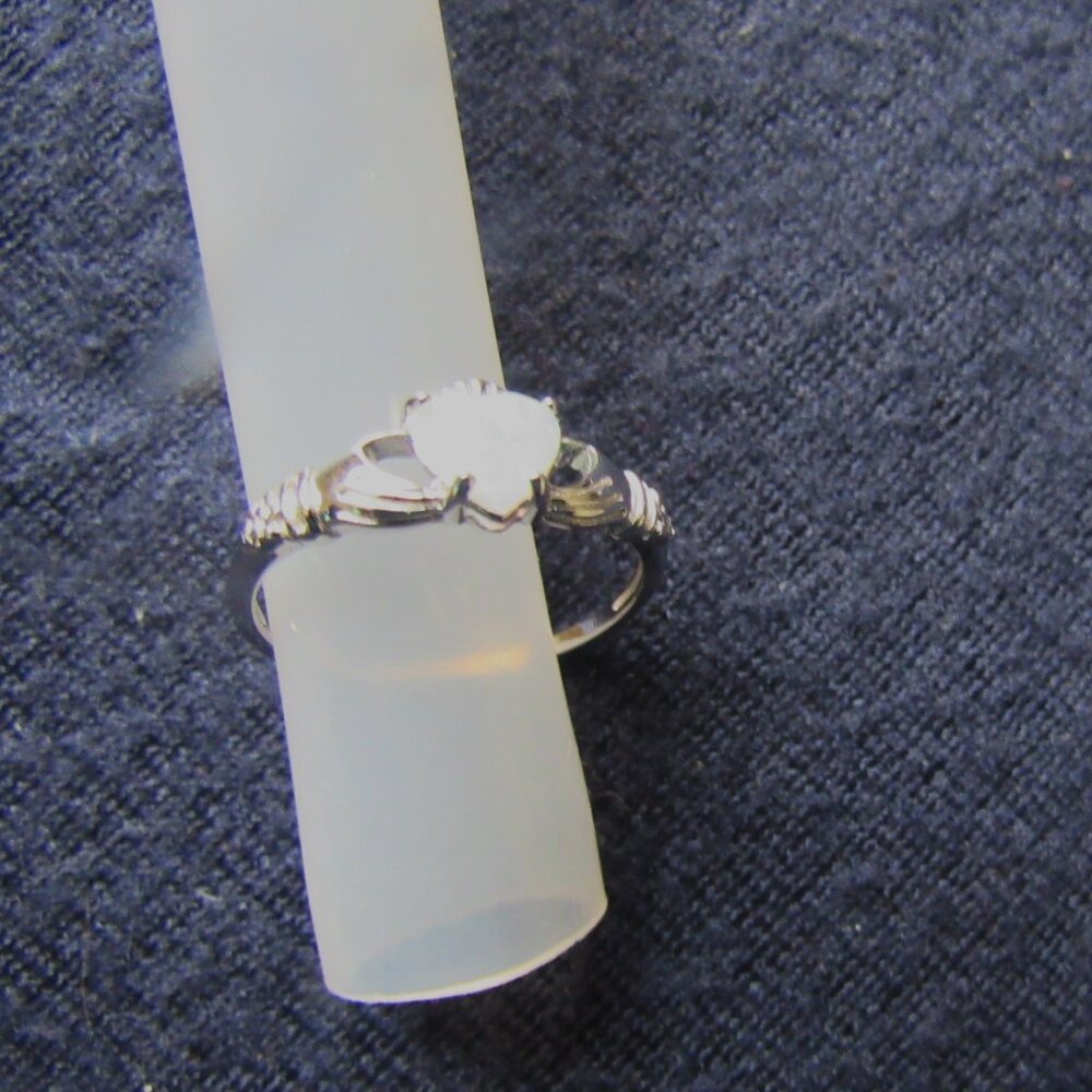 Claddagh Ring with Pearl and Diamond, Silver .925. Size 8.